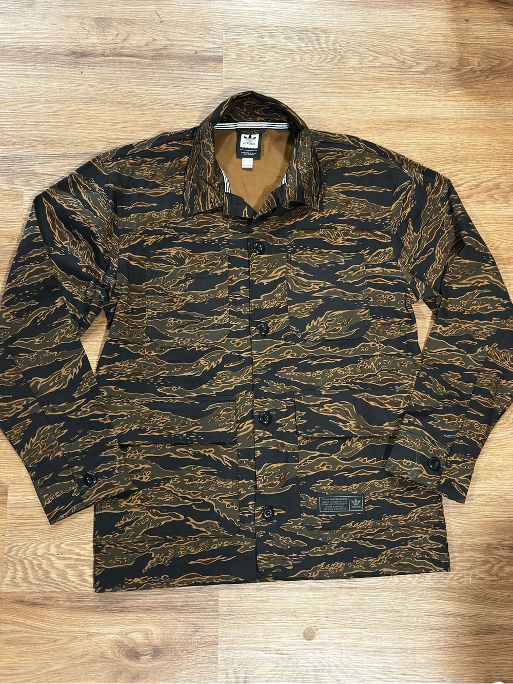 adidas Tiger-Stripe Coach Jacket in Black and Brown